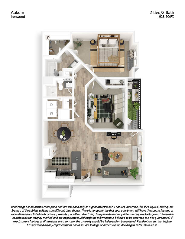 Floor plan for 2 beds, 2 baths, 928 sqft